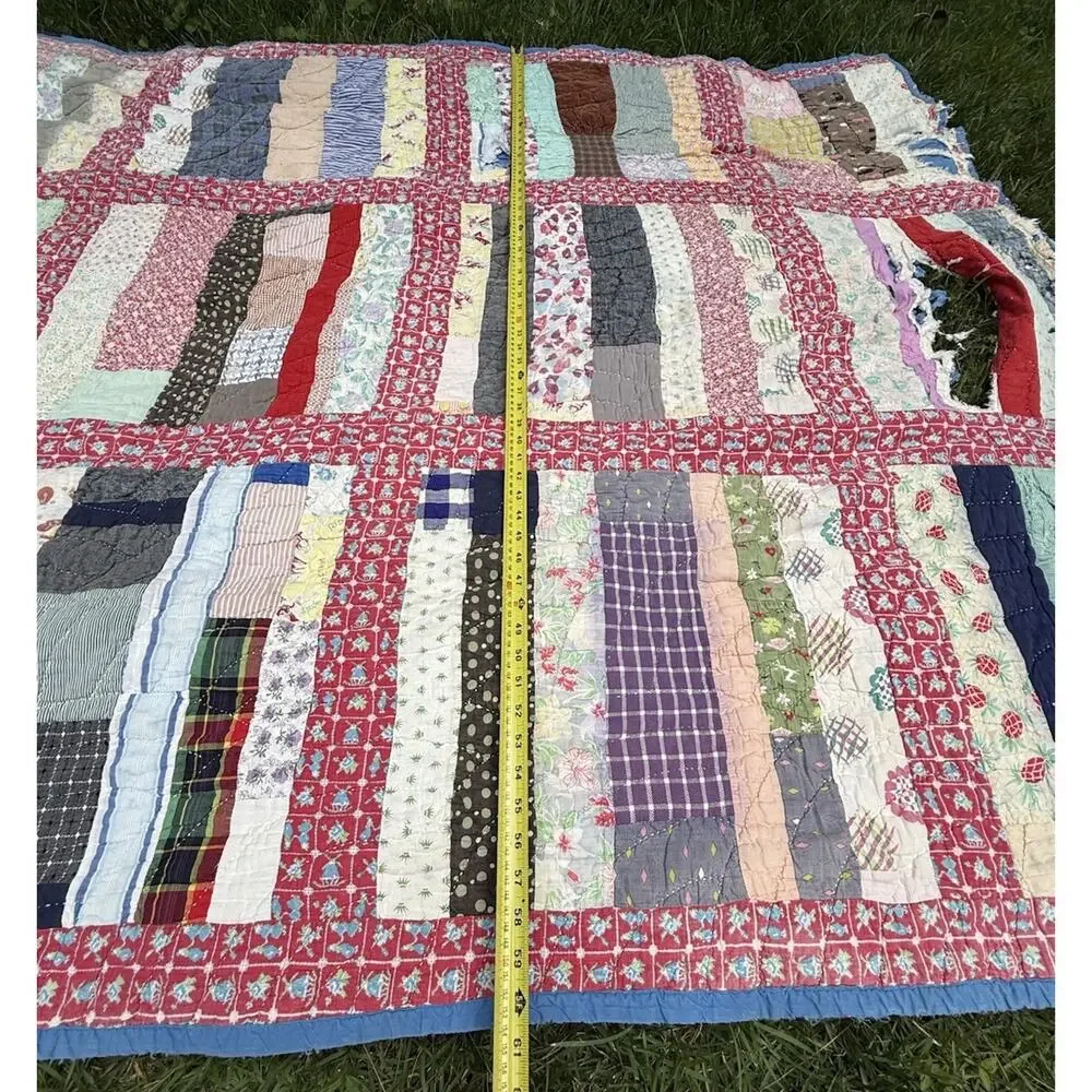 Antique Vtg 1920’s CRAZY QUILT Multi-Color Feed Sack Cowboys 78” **Needs Repair